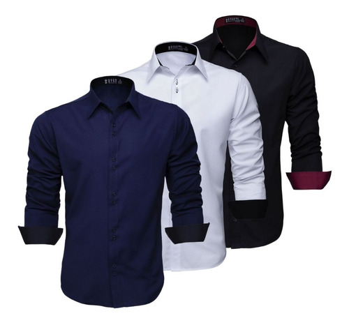 Kit 3 Camisa Manga Longa Masculina Camiseta Social Slim