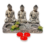 Buda Tibetano Siddharta 3 Figuras Piedra Loto Portavela