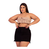 Saia Preta Jeans Plus Size Barra Desfiada Cintura Alta