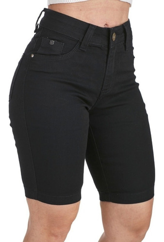 Bermuda Jeans Feminina Preta Cintura Alta Elastano Premium