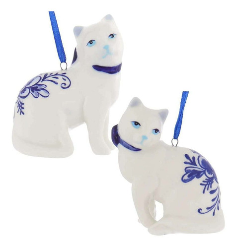 Porcelana Azul De Delft Ornamento Gato Juego De 