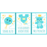 Kit 3 Quadros Placas Infantil Quarto De Bebê Menino Azul