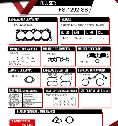 Kit Juego Empacaduras Isuzu Caribe 442 Rodeo Amigo 2.6 89-93 Foto 2