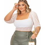 Cropped De Renda Manguinha De Tule Plus Size Moda