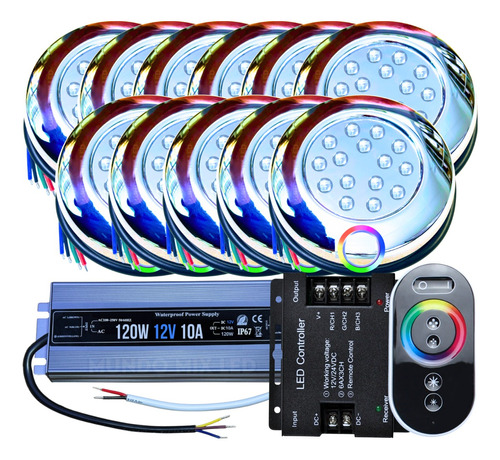 Kit 11 Refletor Led Ip68 Rgb 15w + Controle + Fonte Blindada