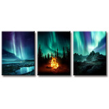 Set De Tres Cuadros Decorativos Lienzo  Aurora Boreal Lujo