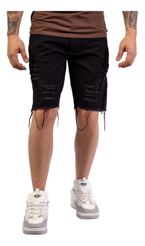 Bermuda Shorts Jeans Rasgado Jogador Destroyed Desfiada