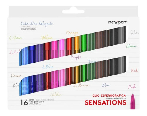 16 Canetas Coloridas Clic Esferográficas New Pen Tinta Gel