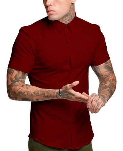 Camisa Social Masculina Slim Fit Manga Curta Algodão 