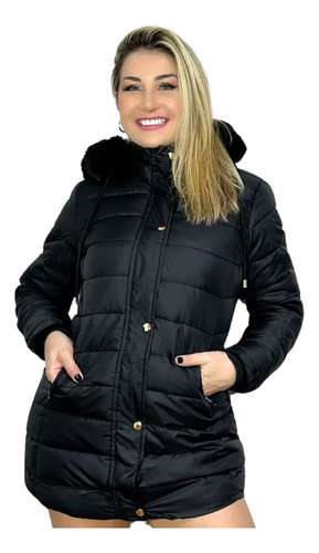 Jaqueta Nylon Preta Feminina Alongada Forrada Puffer Inverno