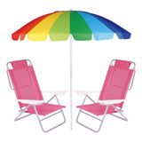 Kit Praia 2 Cadeiras Reclináveis Rosa Mor + Guarda Sol 2,20m