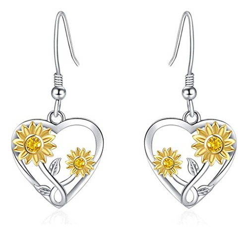 Aros Girasol Corazon Pendiente Plata 925 Mujer Joya Juvenil