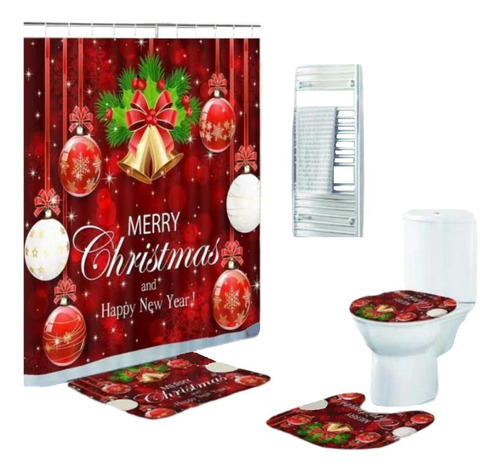 Set Cortina De Baño Con Estampado Navidad De 4 Piezas Cl31.1