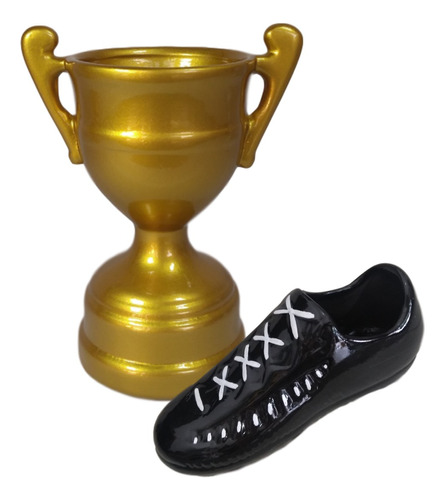 Kit 1 Chuteira + 1 Taça Troféu Cerâmica Decoração Futebol 