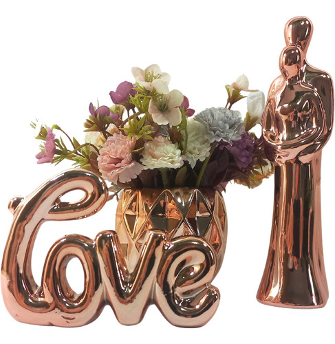 Kit 3pçs Letreiro Love + Estatueta Casal + Vasinho Rose Gold