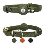 Collar Airtag De Cuero Natural Para Mascotas Verde Oliva