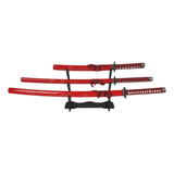 Kit 3 Espadas Samurai Katana Red Dragon Com Suporte De Mesa