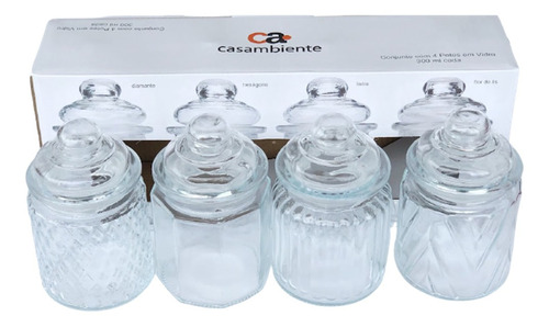 4 Potes Em Vidro Para Mantimentos 300ml Condimento Baleiro