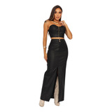 Conjunto Saia E Cropped Couro Fake Elegante Tendencia Luxo