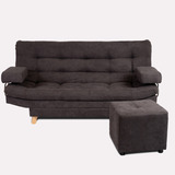 Sofa Cama Valencia Gris + Puff + 2 Cojines Tela Antirasguño