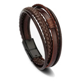 Pulsera Hombre Cuero Trenzado Marron 5 En 1 Cierre Iman 