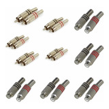 Kit 5 Pares Plug Conector Rca Macho +5 Pares Rca Femea Metal