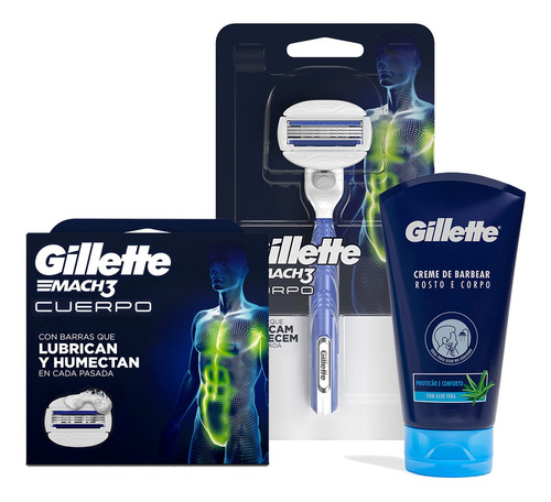 Pack Afeitado Cuerpo Gillette Máquina Mach 3+repuestos+crema