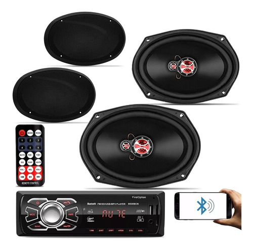 Kit Alto Falantes 6x9 Telas Rádio Bluetooth Tampão Traseiros