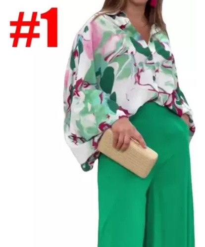 Elegante Camisa Estampada, Pantalones Holgados, Traje Casual