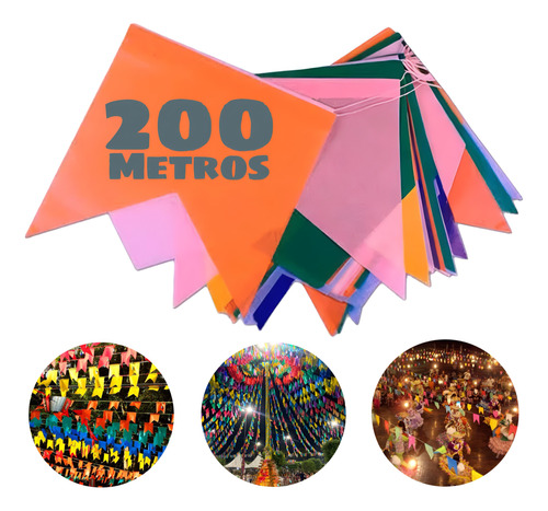 Kit 200 Metros Bandeirinha Festa Junina Plástico Decoração