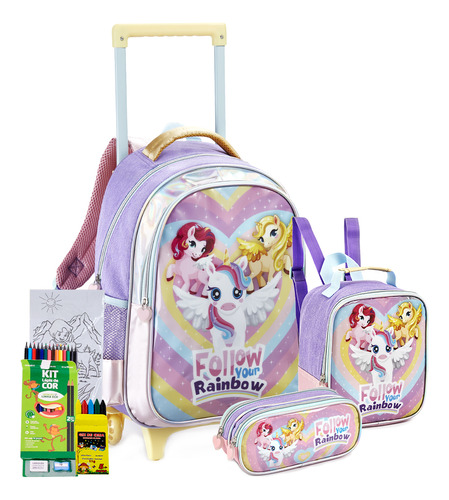 Kit Infantil Mochila Rodinha Unicórnio Colorido Kit Desenho