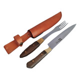 Set Asado Cuchillo Y Tenedor Artesanal  Madera Asadores Gde