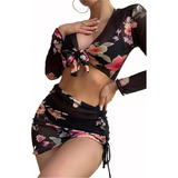 Juego De Baño Dama Sexy Bikini Con Abrigo 4 Piezas Floral