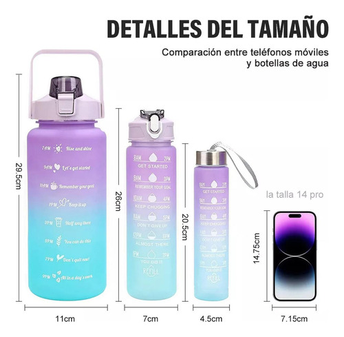 Set Termo Motivador Plástico Libre De Bpa 3 Piezas Deportivo Color Rosal/azul