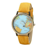 Relógio Mapa Mundo Viajante Avião Presente Oportunidade Cor Da Correia Amarelo Cor Do Bisel Dourado Cor Do Fundo Azul