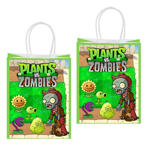 12 Bolsas Papel Kraft Plantas Vs Zombies Cotillón Cumpleaños