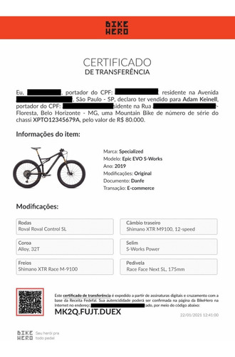 Certificado De Transferência Bikehero® Para Bikes Cannondale
