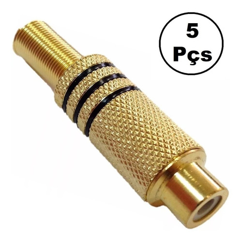 Kit 5 Plug Rca Metálico Femea Mola 6mm Dourado C/ Preto