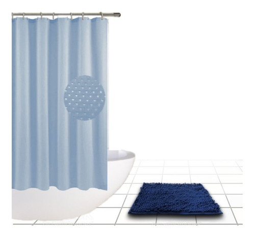 Cortina Baño Tela Impermeable Moderna Diseño Alfombra Azul
