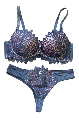 Conjunto Feminino Lingerie Detalhado Com Calcinha Fio Dental