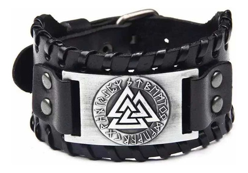 Bracelete Masculino Nórdico Aço Couro Valknut Estilo Viking