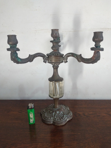 Antiguo Candelabro De Bronce Lámpara Luz Cristal 4 Velas 