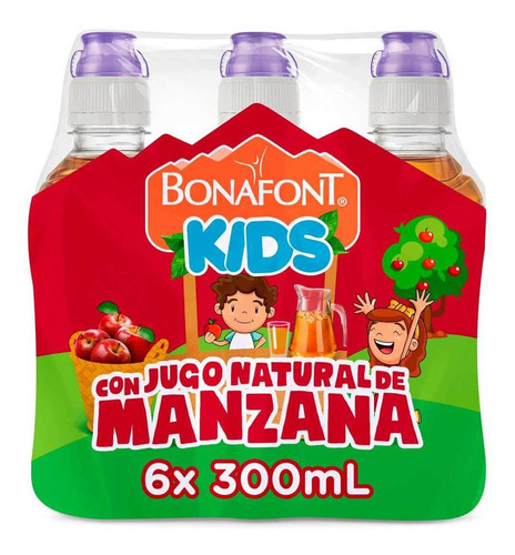Agua Bonafont Kids Con Jugo Natural De Manzana 6 Pz De 300ml