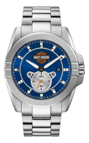 Reloj Harley Davidson By Bulova Para Hombre Original 76b183 Color De La Correa Plateado Color Del Bisel Plateado Color Del Fondo Azul
