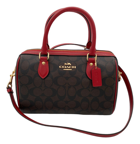 Bolsa  Coach Ch280 Ime74 Diseño Monograma De Lona Y Cuero  Chocolate Con Correa De Hombro Roja Asas Color Marrón Y Herrajes Oro