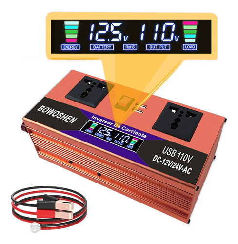 Inversor Corriente 12v/24v A 110v Bowoshen Para Auto Industria Portátil Con 2 Enchufe Y 2 Puertos Usb, Inversor De Alimentación De Coche 2000 W Compatible Con Computadoras, Refrigeradores, Tv