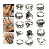 Set De 15 Anillos Vintage Piedra Negro Gótico Tribal Mujer