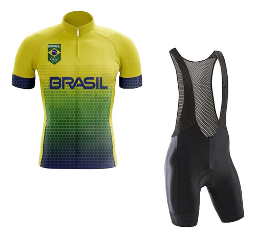 Conjunto Camisa Brasil Bretelle Gel Ciclismo Pro Bike Speed