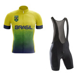 Conjunto Camisa Brasil Bretelle Gel Ciclismo Pro Bike Speed