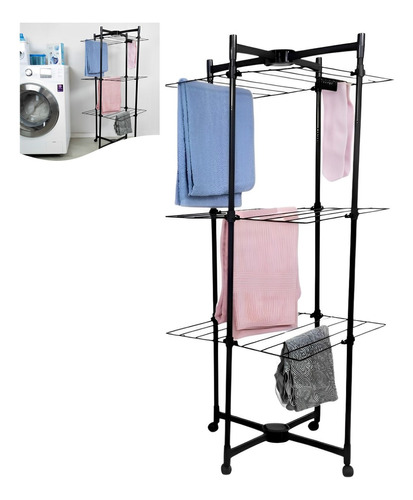 Varal Vertical De Chão Aço Rodas Casa Roupa Lavanderia Preto